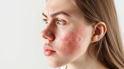 young woman with skin problem rosacea on the face. Medicine and cosmetology. rosacea skin condition.