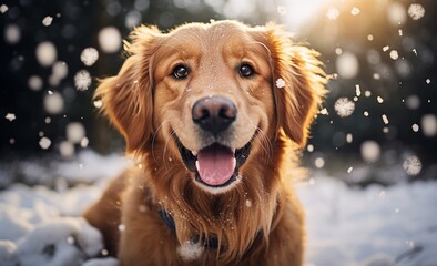 Golden Retriever Dog Sitting in Snow, Loyal Companion Enjoying Winter Weather
