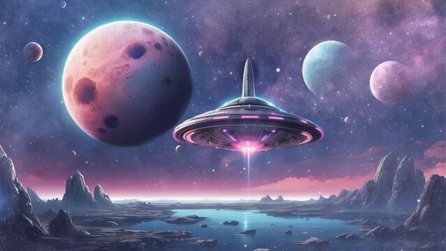 Fantasy ufo plane with space background. seamless looping time-lapse 4k animation video background