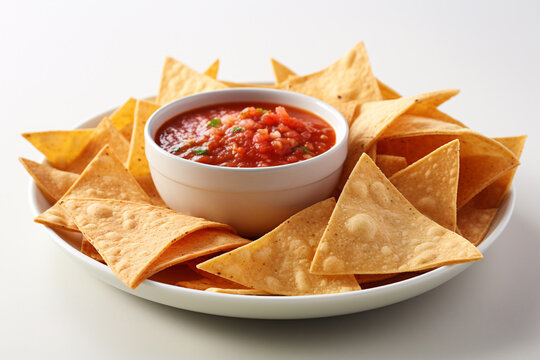 Tortilla chips on plate with salsa dip on white background