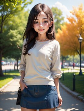 A brunette schoolgirl walks in the park, smiling with her hands behind her back. Generative AI.