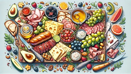 Illustration on the theme of a festive table with food