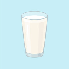 Glass of milk isolated on blue background. Vector cartoon flat illustration of healthy drink.