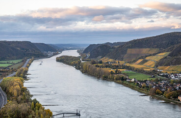 Autumn Vibes Wineyards Germany water of Rhine river in andernach near koblenz water transport...