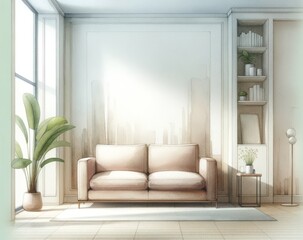Illustration on the theme of room interior, sofa against the wall