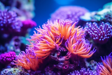 Underwater coral colony  in the sea.  Underwater scene background of beautiful coral reef with bright and colorful corals, sea anemone, actiniaria.