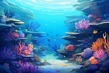 Obraz na płótnie Canvas Illustration of landscape of coral reef colony in the sea. Underwater scene background with corals, sea anemone, actiniaria tropical fishes. Concept of climate change and ocean acidification on marine
