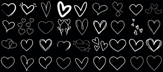 Heart shapes vector collection, outlined in white, diverse designs, perfect for romantic, love, Valentine’s Day themes. Editable for design work