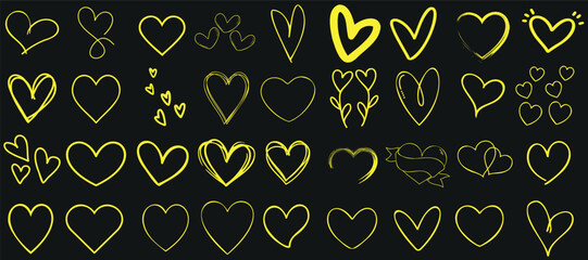 Hearts vector collection, yellow heart outline on black background. Perfect for Valentine’s Day, romantic designs, wedding invitations. Unique heart shapes, playful and whimsical