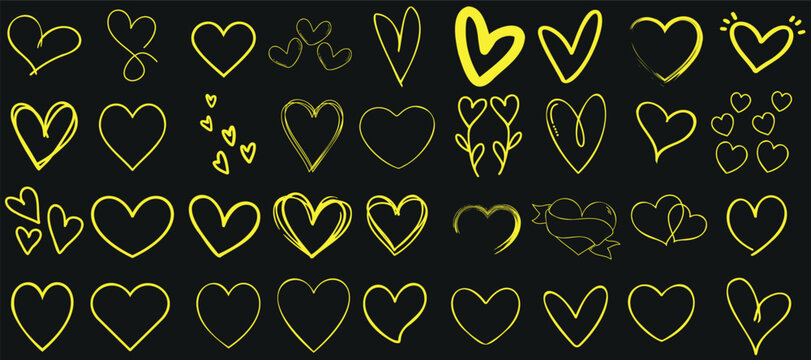 Hearts vector collection, yellow heart outline on black background. Perfect for Valentine’s Day, romantic designs, wedding invitations. Unique heart shapes, playful and whimsical