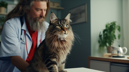Portrait of a long-haired cat with a doctor in the office