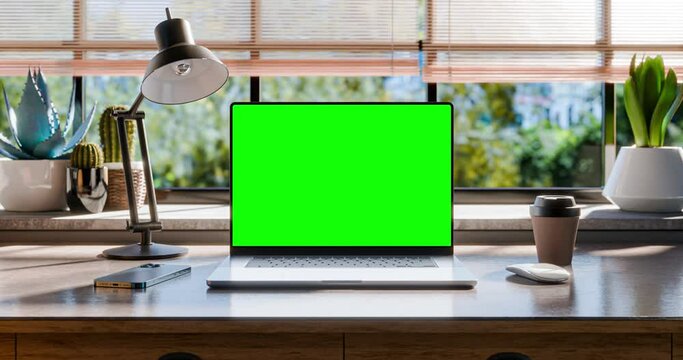Laptop with a blank green screen is placed on a stylish wooden desk within a loft-style interior, with green spaces in the background visible through the window. Looped 4k video