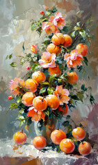Bouquet of flowers in a vase. Oil painting.