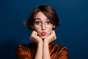Photo portrait of attractive young woman fists cheeks pouted lips kiss wear trendy brown blouse...