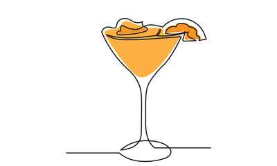 Continuous line drawing of a Cocktail of orange juice with orange pieces. refreshing citrus drink.one line of delicious orange juice vector illustration.
