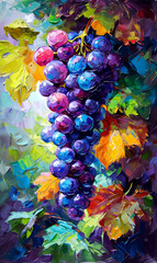 Grape painting on canvas. Multicolored bunch of grapes on canvas.