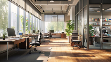 Professional office scenes with modern architecture and well-designed workspaces. Generative AI