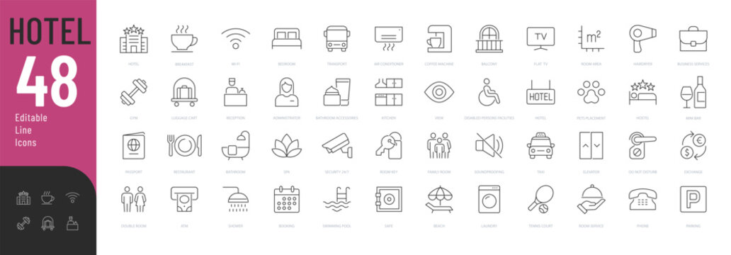 Hotel Line Editable Icons set. Vector illustration in modern thin line style hotel services related icons: room characteristics, meals, types of accommodation, cleaning, and more. Isolated on white.