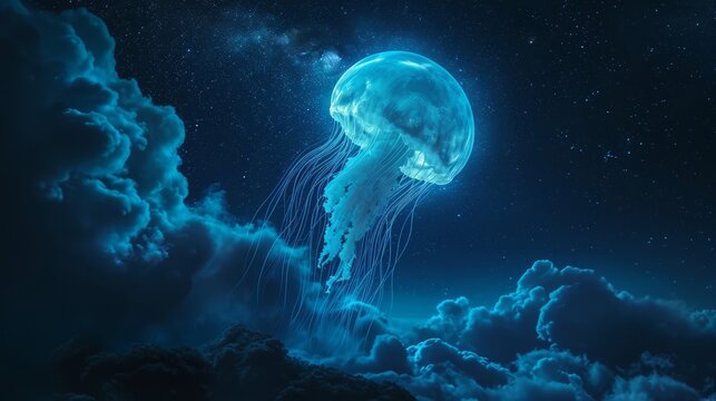 Blue Jellyfish Floating in the Night Sky