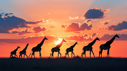 Fototapeta na wymiar Silhouette of herd wild tall giraffes