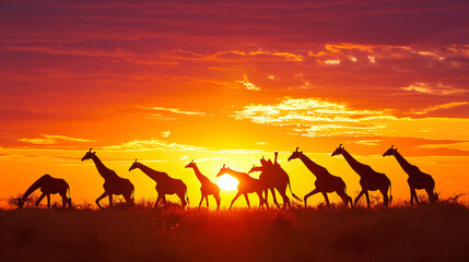 Silhouette of herd wild tall giraffes
