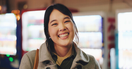 Laughing, face and confident businesswoman on lunch break in japanese town with vending machine technology. Person, portrait and happiness in professional career, funny joke and bokeh in tokyo city - obrazy, fototapety, plakaty