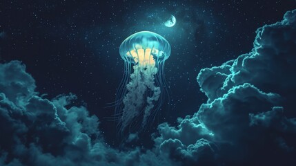 Jellyfish Floating in Night Sky, Surreal Nature Photo With Astral Glow