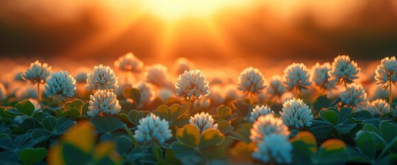 Fototapeta na wymiar White Clover Flowers Sunset, HD, Background Wallpaper, Desktop Wallpaper