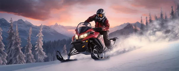 Deurstickers Winter snowmobile extreme fun moto sport. Snowmobile rider driving very fast in winter land © amazingfotommm
