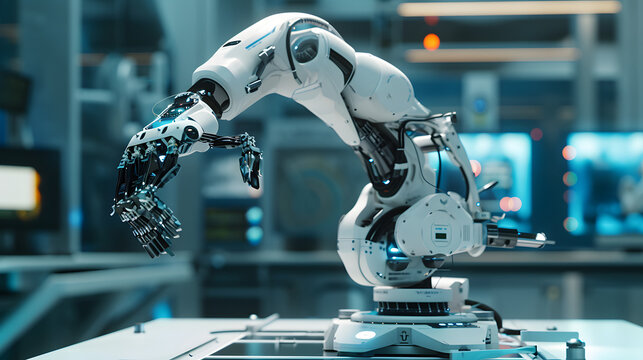 A 3D visual of a high-tech robotic arm demonstrating its precision and articulation in a scientific environment.