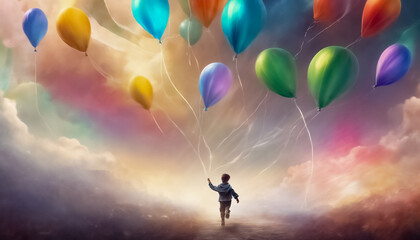 Nomi originali: Sogni Colorati- Ragazzo che Insegue Palloncini Colorati in uno Scenario Fantastico II