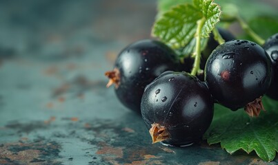 Close-up of black currants on a tin background.
