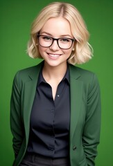 Fototapeta premium Portrait photo of an attractive blonde woman in office clothes. On a green background. Generative AI.