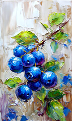 Bunch of blueberries on a branch. Oil color painting.
