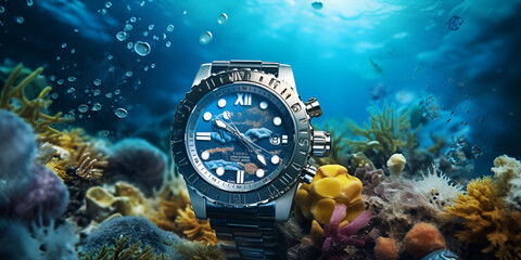 world in the sea, Dystopian clock submerged underwater, scenic scene with an aquatic theme,
