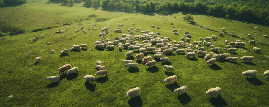 A herd of sheeps from top view. Many sheeps on green field farm.