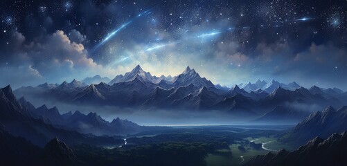 Contemporary hand-drawn mountain peaks shrouded in mist beneath a canvas of scattered stars