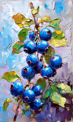 Painting of a branch of black currant with blue berries.