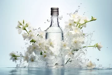 Poster a bottle of clean, mineral water with a splash of spring flowers on a light background. The concept of clean drinking water © Kate