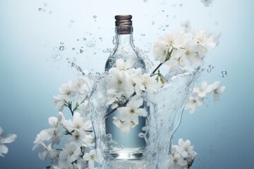 a bottle of clean, mineral water with a splash of spring flowers on a light background. The concept of clean drinking water - obrazy, fototapety, plakaty