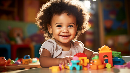Cute handsome African American baby playing with educational toys in children's room