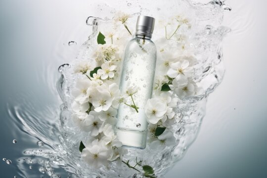 a bottle of clean, mineral water with a splash of spring flowers on a light background. The concept of clean drinking water