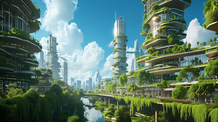 Futuristic Sustainable City Planning. High Tech Meets Green Nature. Smart Buildings, Innovative Eco Facades, Urban Forest. Responsible Community, AI Solutions, Citizen Wellbeing, Best Place to Live. 