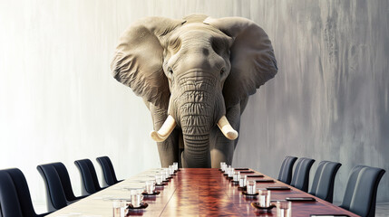 elephant stands at a conference table in a room, metaphor for 