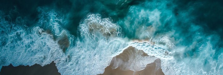Panoramic aerial view of the sea Top view aerial photo of an seascape. Ocean wave with foam. Turquoise water