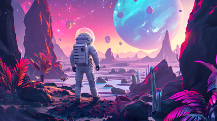 Astronaut Exploring Alien Landscape with Pink and Purple Tones - obrazy, fototapety, plakaty