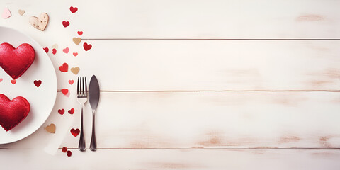 Table set for celebration Valentine's Day. Wooden table place setting and silverware with red heart for Valentine day. 