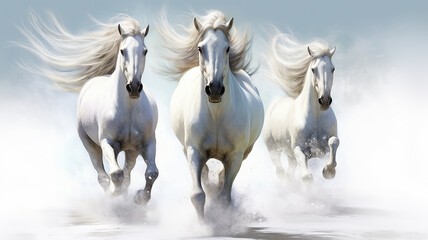 three unusual fairytale running horses, in a dynamic pose