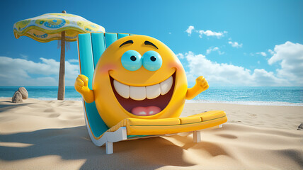 animated funny character, a chaise longue on the beach, with a smile, the concept of a summer children's holiday at the sea