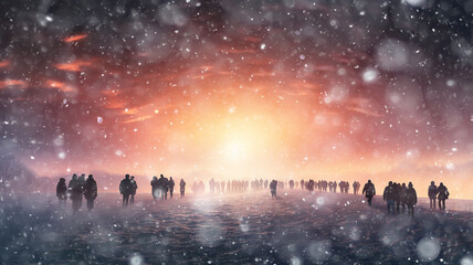 Fototapeta na wymiar winter view, horizon line, snowfall and a group of people in a row, abstract background copy space. Festive Christmas scene falling light snow bokeh